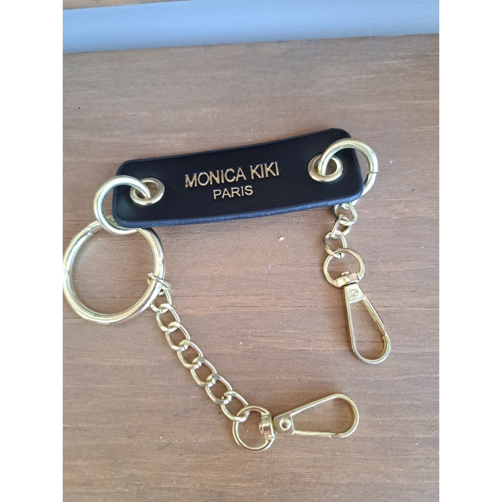 Monica Kiki Paris Keychain‎ With Black Leather Strap Gold-Tone Hardware